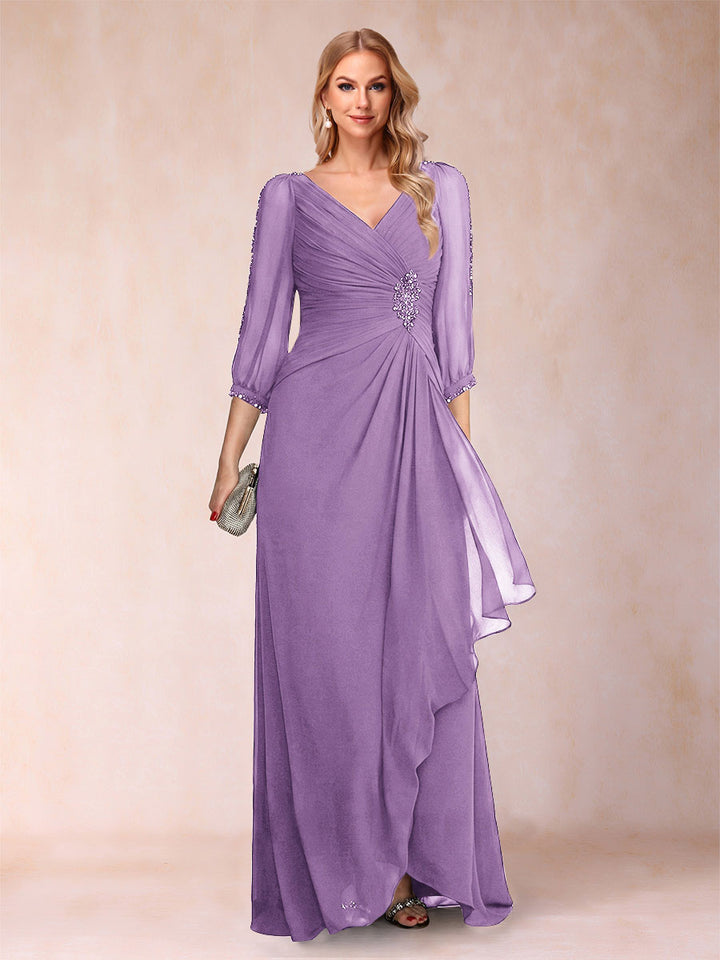 A-Line/Princess V-Neck 3/4 Sleeves Floor-Length Mother of the Bride Dresses with Ruched &amp; Beading