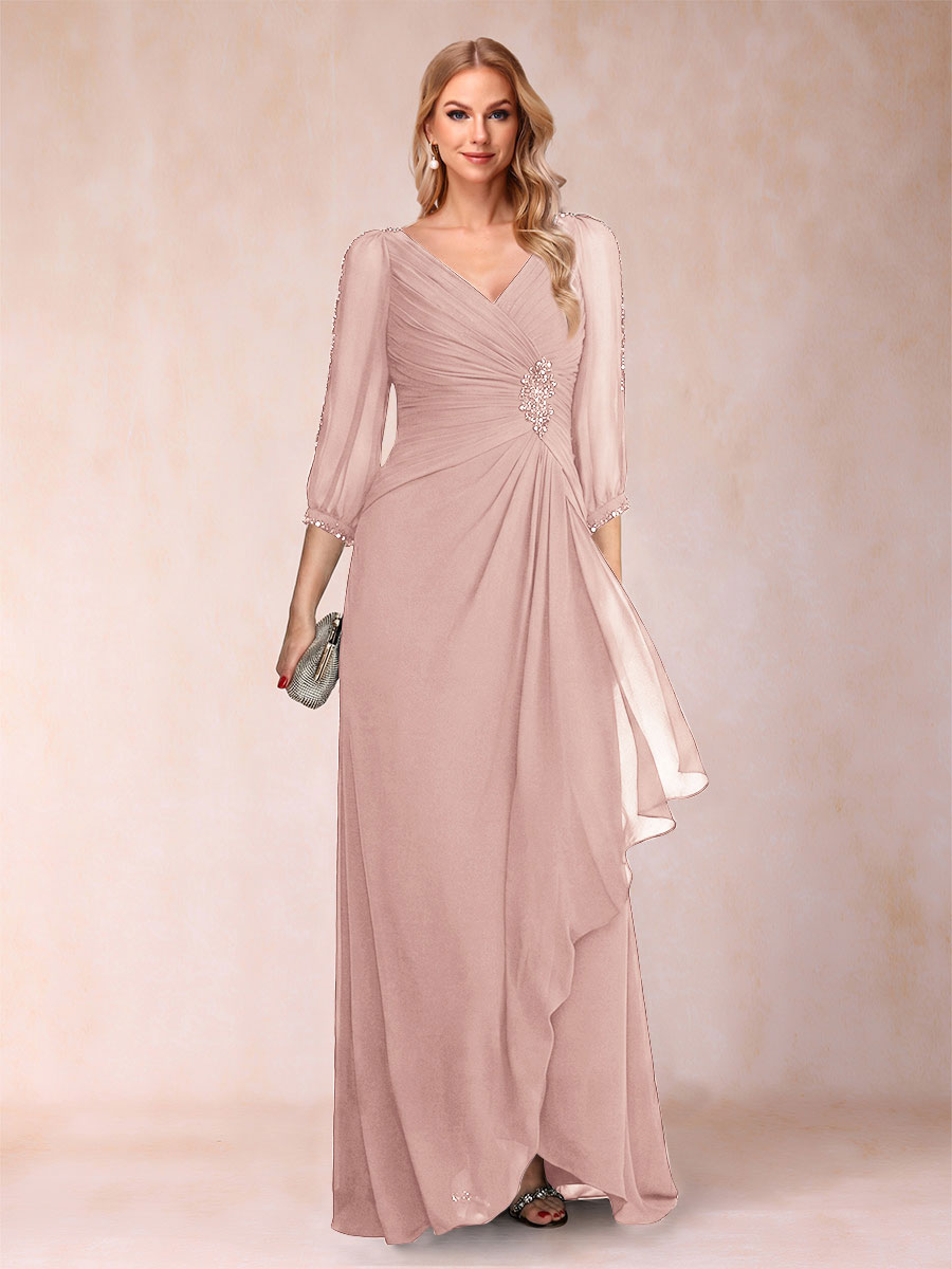 A-Line/Princess V-Neck 3/4 Sleeves Floor-Length Mother of the Bride Dresses with Ruched &amp; Beading