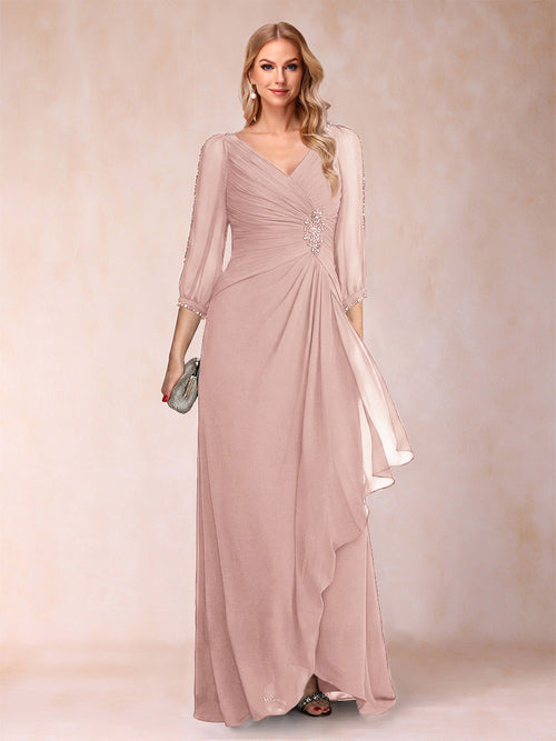 A-Line/Princess V-Neck 3/4 Sleeves Floor-Length Mother of the Bride Dresses with Ruched & Beading
