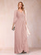 A-Line/Princess V-Neck 3/4 Sleeves Floor-Length Mother of the Bride Dresses with Ruched & Beading