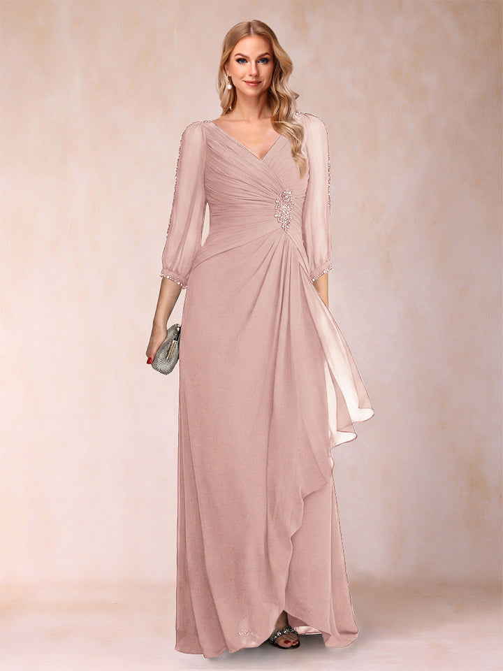 A-Line/Princess V-Neck 3/4 Sleeves Floor-Length Mother of the Bride Dresses with Ruched &amp; Beading
