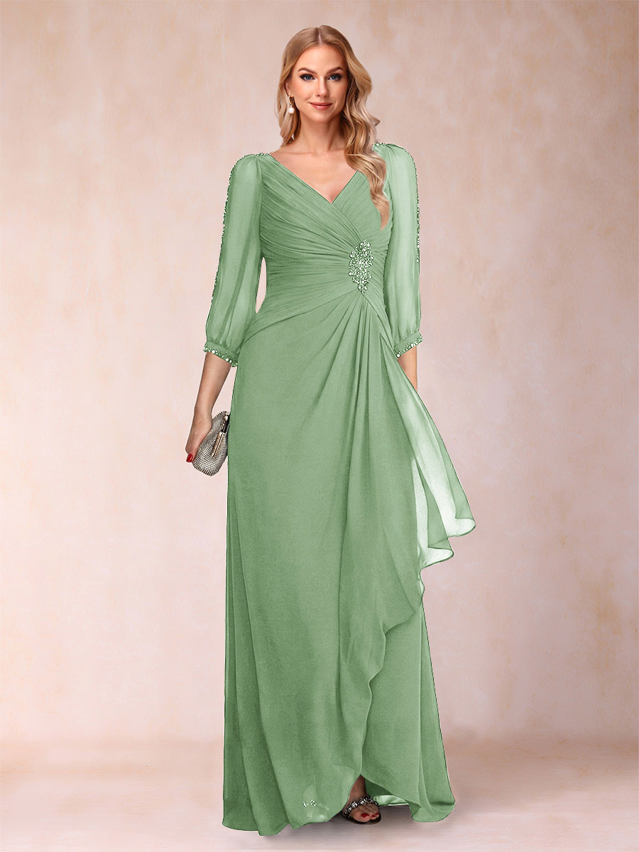 A-Line/Princess V-Neck 3/4 Sleeves Floor-Length Mother of the Bride Dresses with Ruched &amp; Beading