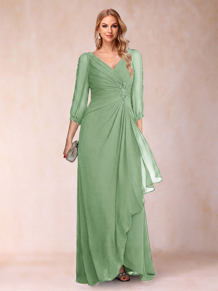 A-Line/Princess V-Neck 3/4 Sleeves Floor-Length Mother of the Bride Dresses with Ruched &amp; Beading