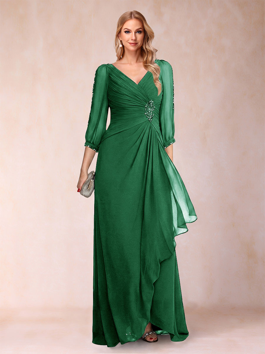 A-Line/Princess V-Neck 3/4 Sleeves Floor-Length Mother of the Bride Dresses with Ruched &amp; Beading