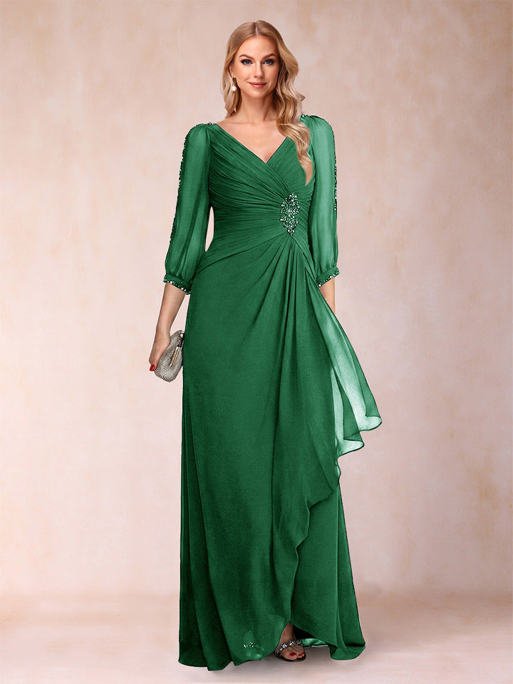 A-Line/Princess V-Neck 3/4 Sleeves Floor-Length Mother of the Bride Dresses with Ruched &amp; Beading