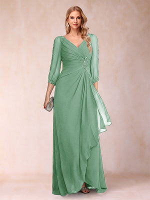 A-Line/Princess V-Neck 3/4 Sleeves Floor-Length Mother of the Bride Dresses with Ruched & Beading