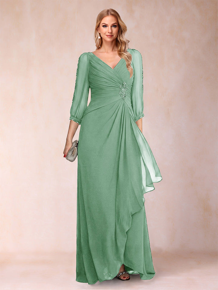 A-Line/Princess V-Neck 3/4 Sleeves Floor-Length Mother of the Bride Dresses with Ruched &amp; Beading