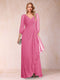 A-Line/Princess V-Neck 3/4 Sleeves Floor-Length Mother of the Bride Dresses with Ruched & Beading