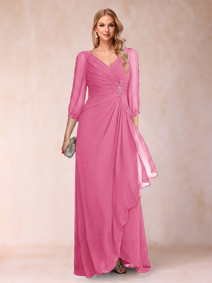 A-Line/Princess V-Neck 3/4 Sleeves Floor-Length Mother of the Bride Dresses with Ruched &amp; Beading
