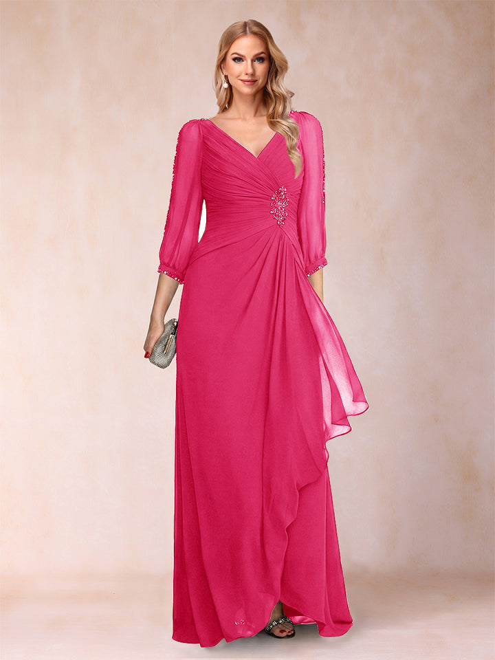 A-Line/Princess V-Neck 3/4 Sleeves Floor-Length Mother of the Bride Dresses with Ruched &amp; Beading