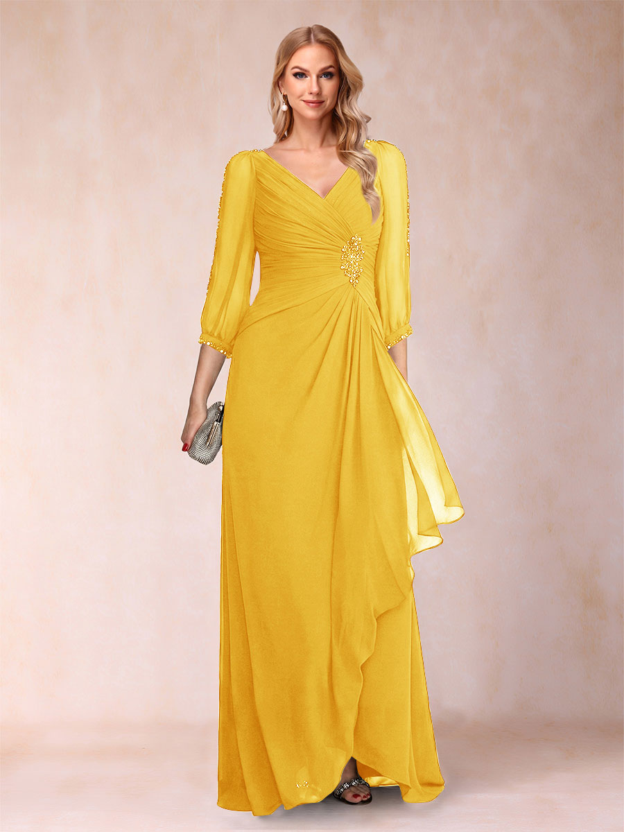 A-Line/Princess V-Neck 3/4 Sleeves Floor-Length Mother of the Bride Dresses with Ruched &amp; Beading