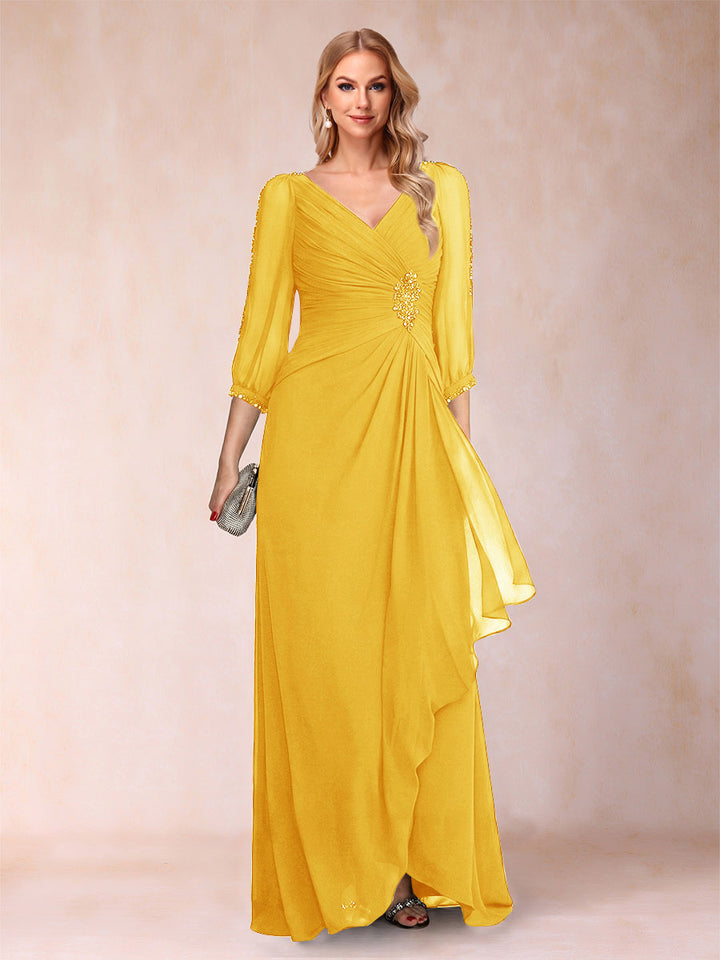 A-Line/Princess V-Neck 3/4 Sleeves Floor-Length Mother of the Bride Dresses with Ruched &amp; Beading