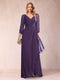 A-Line/Princess V-Neck 3/4 Sleeves Floor-Length Mother of the Bride Dresses with Ruched & Beading