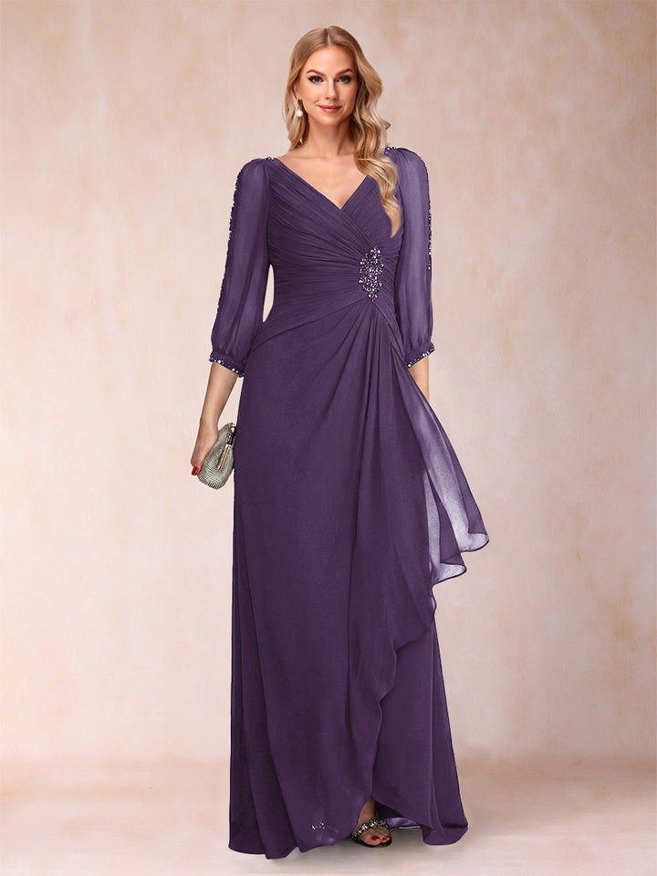 A-Line/Princess V-Neck 3/4 Sleeves Floor-Length Mother of the Bride Dresses with Ruched &amp; Beading