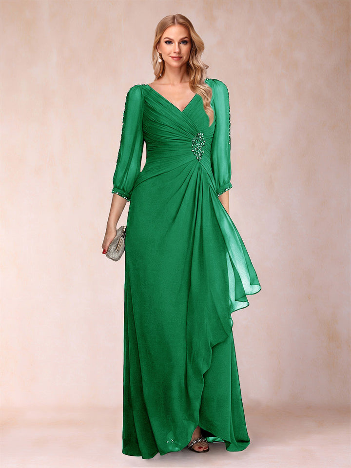 A-Line/Princess V-Neck 3/4 Sleeves Floor-Length Mother of the Bride Dresses with Ruched &amp; Beading