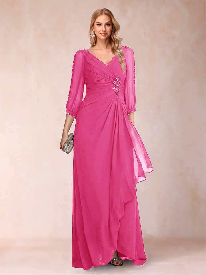 A-Line/Princess V-Neck 3/4 Sleeves Floor-Length Mother of the Bride Dresses with Ruched &amp; Beading
