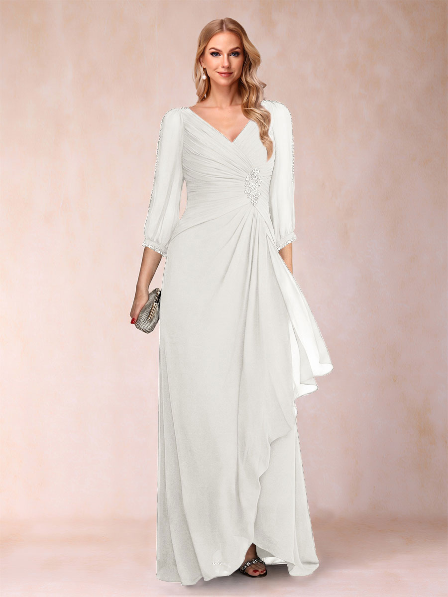 A-Line/Princess V-Neck 3/4 Sleeves Floor-Length Mother of the Bride Dresses with Ruched &amp; Beading