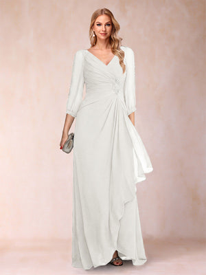 A-Line/Princess V-Neck 3/4 Sleeves Floor-Length Mother of the Bride Dresses with Ruched & Beading