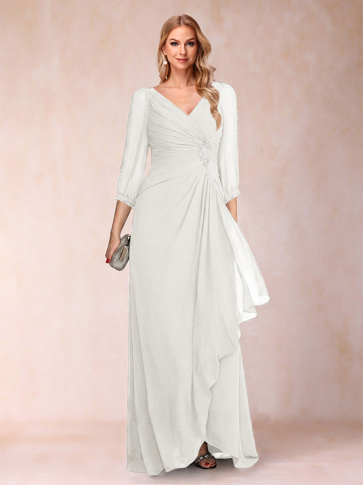 A-Line/Princess V-Neck 3/4 Sleeves Floor-Length Mother of the Bride Dresses with Ruched &amp; Beading