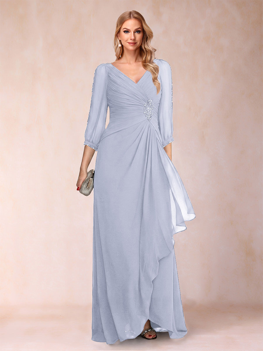 A-Line/Princess V-Neck 3/4 Sleeves Floor-Length Mother of the Bride Dresses with Ruched &amp; Beading