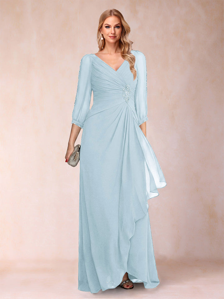A-Line/Princess V-Neck 3/4 Sleeves Floor-Length Mother of the Bride Dresses with Ruched &amp; Beading