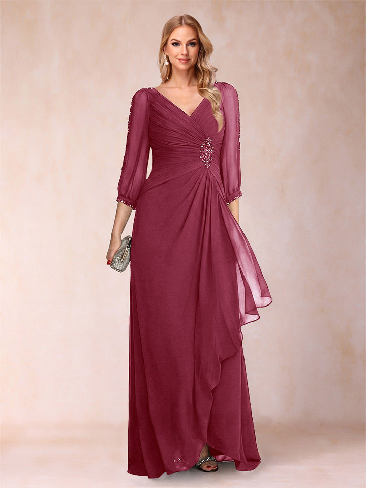 A-Line/Princess V-Neck 3/4 Sleeves Floor-Length Mother of the Bride Dresses with Ruched &amp; Beading