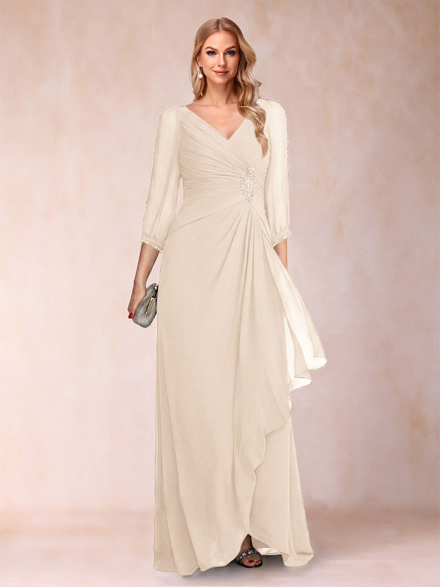 A-Line/Princess V-Neck 3/4 Sleeves Floor-Length Mother of the Bride Dresses with Ruched &amp; Beading