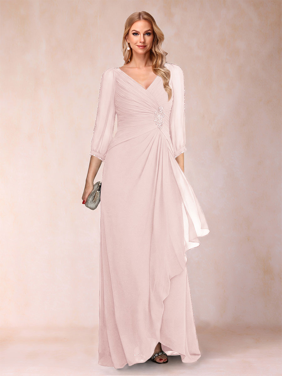 A-Line/Princess V-Neck 3/4 Sleeves Floor-Length Mother of the Bride Dresses with Ruched &amp; Beading