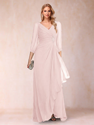 A-Line/Princess V-Neck 3/4 Sleeves Floor-Length Mother of the Bride Dresses with Ruched & Beading