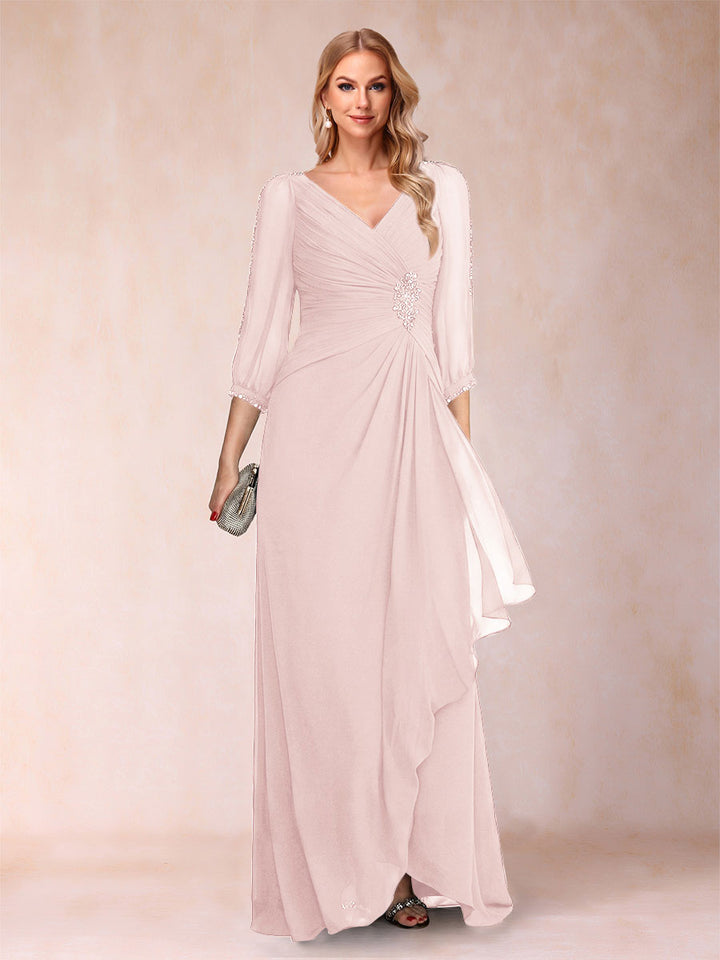 A-Line/Princess V-Neck 3/4 Sleeves Floor-Length Mother of the Bride Dresses with Ruched &amp; Beading