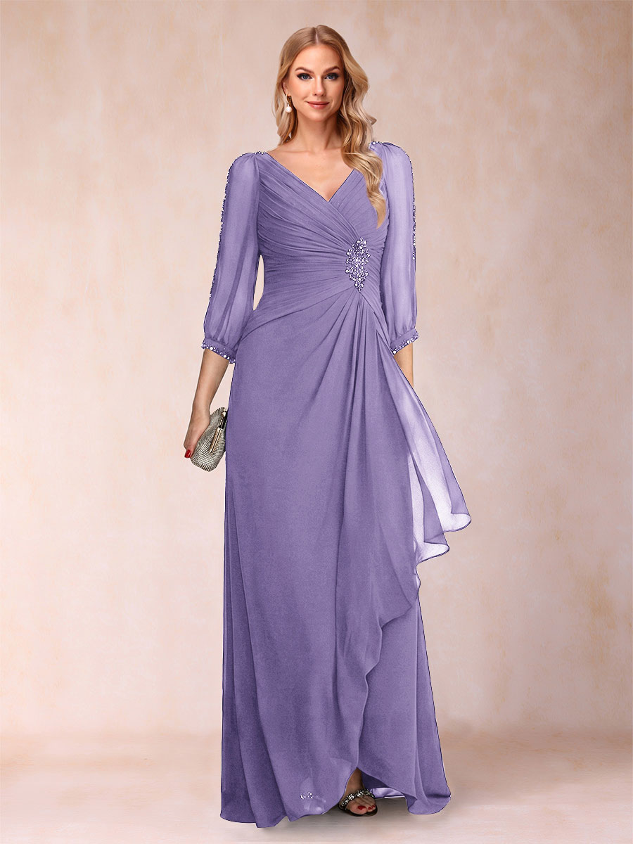 A-Line/Princess V-Neck 3/4 Sleeves Floor-Length Mother of the Bride Dresses with Ruched &amp; Beading
