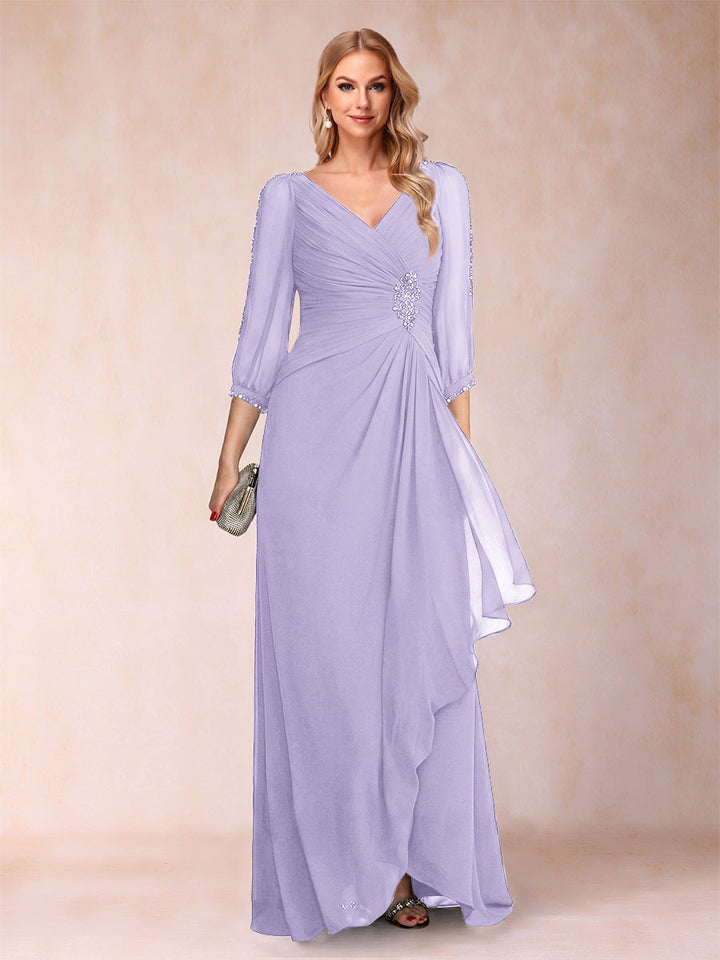 A-Line/Princess V-Neck 3/4 Sleeves Floor-Length Mother of the Bride Dresses with Ruched &amp; Beading