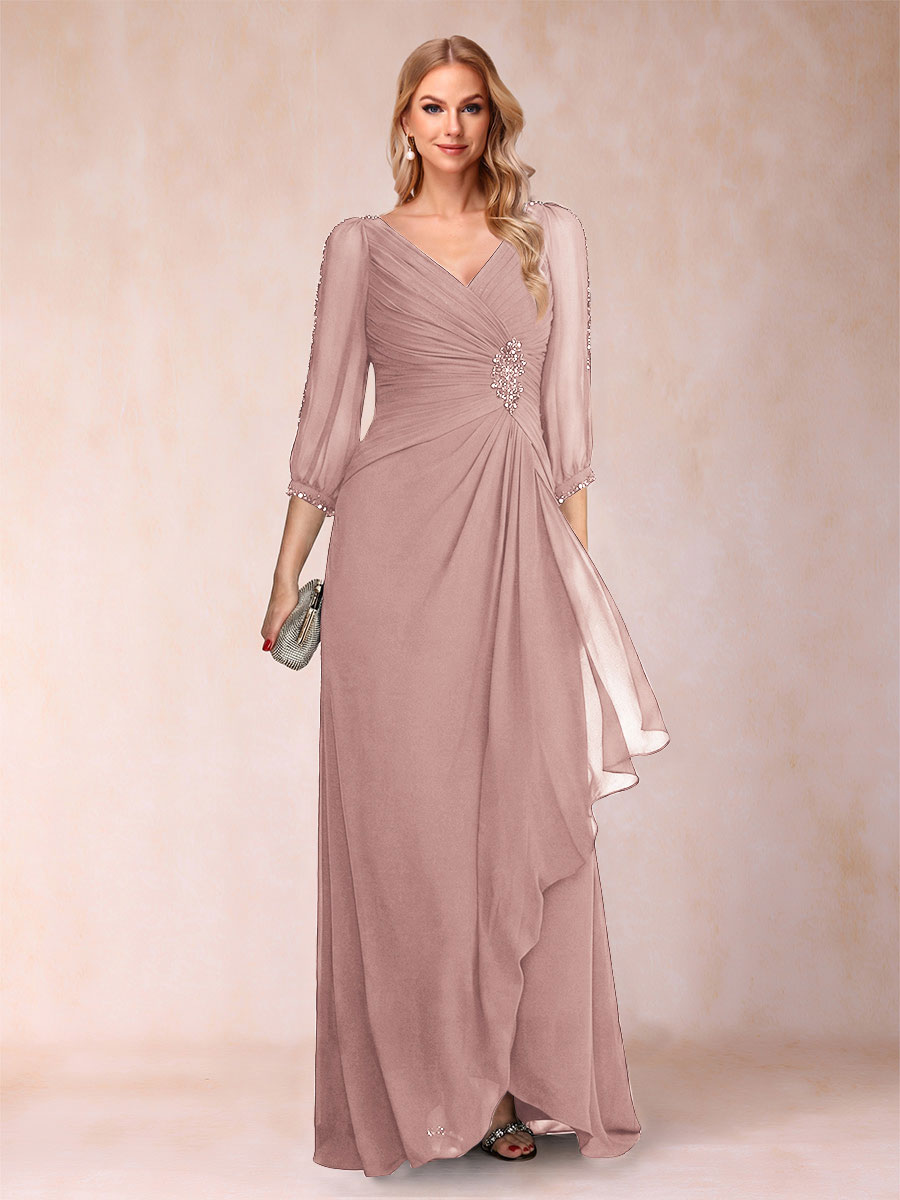 A-Line/Princess V-Neck 3/4 Sleeves Floor-Length Mother of the Bride Dresses with Ruched &amp; Beading