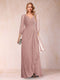 A-Line/Princess V-Neck 3/4 Sleeves Floor-Length Mother of the Bride Dresses with Ruched & Beading