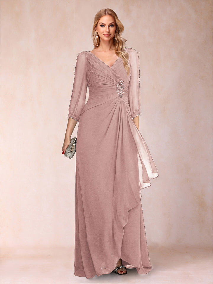 A-Line/Princess V-Neck 3/4 Sleeves Floor-Length Mother of the Bride Dresses with Ruched &amp; Beading