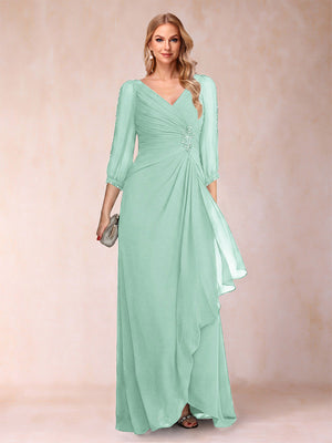 A-Line/Princess V-Neck 3/4 Sleeves Floor-Length Mother of the Bride Dresses with Ruched & Beading