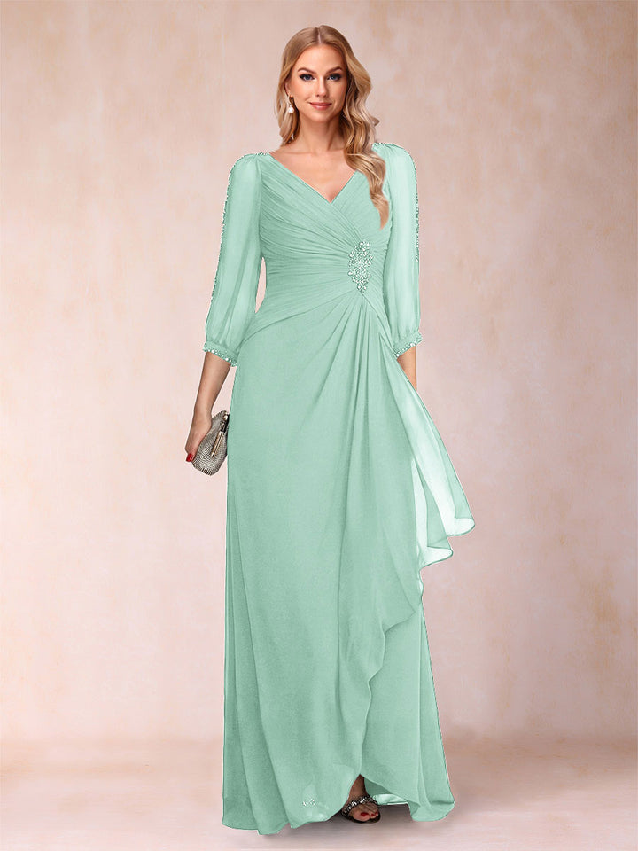 A-Line/Princess V-Neck 3/4 Sleeves Floor-Length Mother of the Bride Dresses with Ruched &amp; Beading