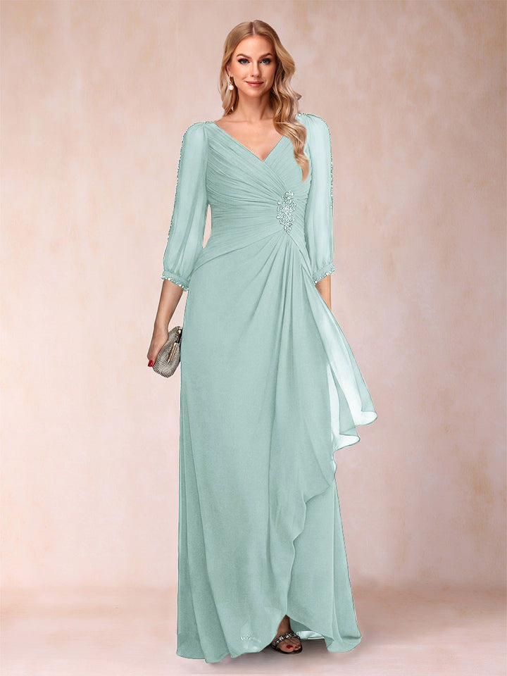 A-Line/Princess V-Neck 3/4 Sleeves Floor-Length Mother of the Bride Dresses with Ruched &amp; Beading