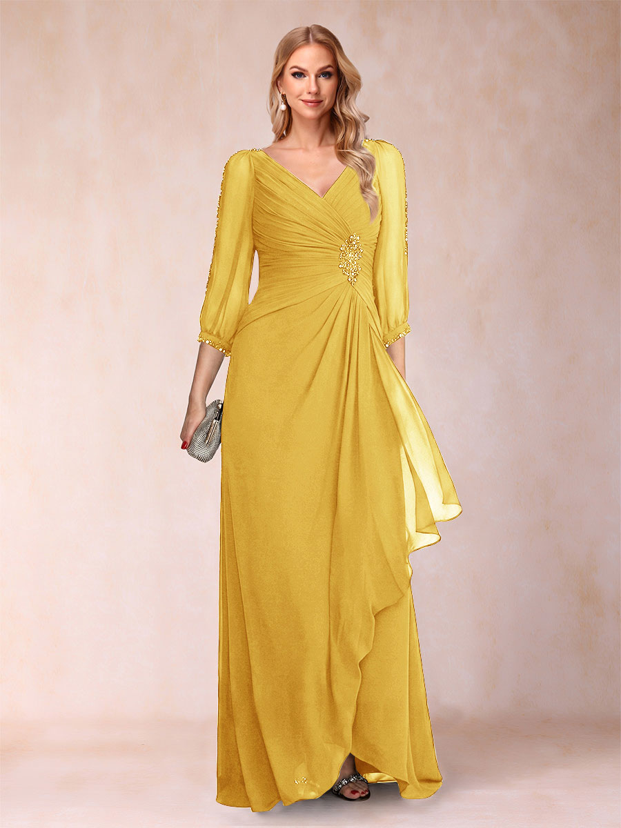 A-Line/Princess V-Neck 3/4 Sleeves Floor-Length Mother of the Bride Dresses with Ruched &amp; Beading