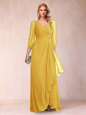 A-Line/Princess V-Neck 3/4 Sleeves Floor-Length Mother of the Bride Dresses with Ruched & Beading