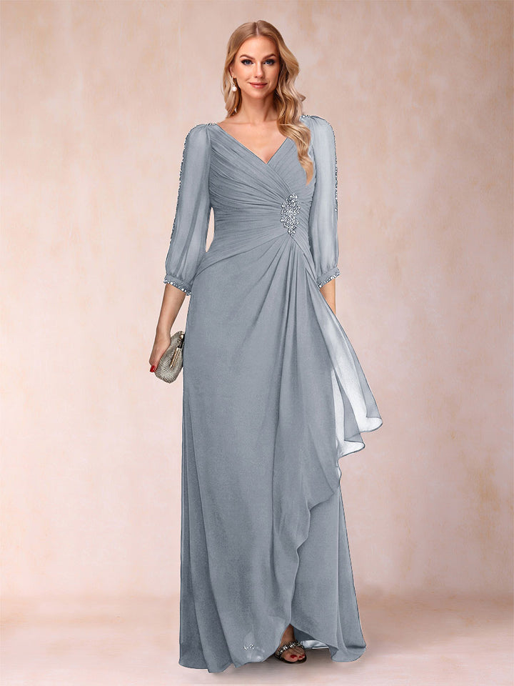 A-Line/Princess V-Neck 3/4 Sleeves Floor-Length Mother of the Bride Dresses with Ruched &amp; Beading