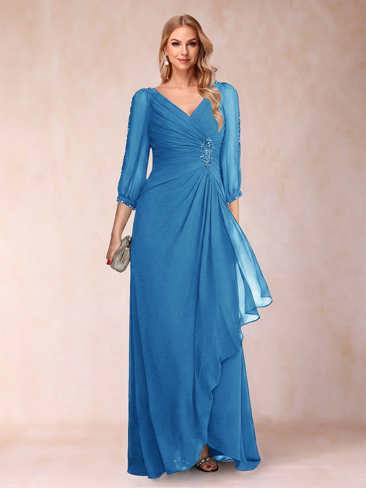 A-Line/Princess V-Neck 3/4 Sleeves Floor-Length Mother of the Bride Dresses with Ruched &amp; Beading