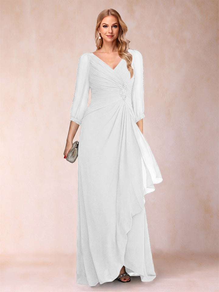 A-Line/Princess V-Neck 3/4 Sleeves Floor-Length Mother of the Bride Dresses with Ruched &amp; Beading