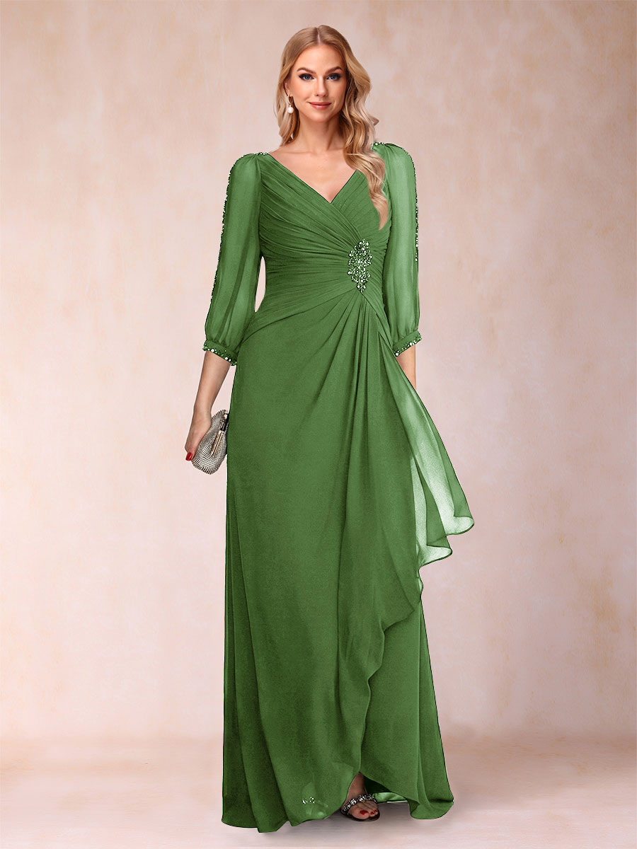 A-Line/Princess V-Neck 3/4 Sleeves Floor-Length Mother of the Bride Dresses with Ruched &amp; Beading