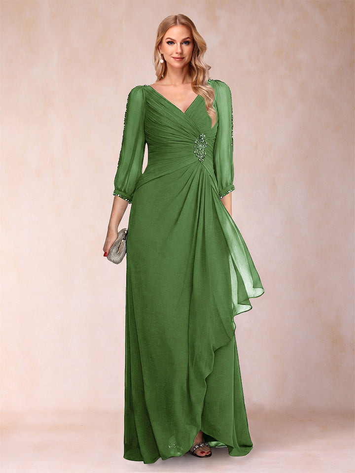 A-Line/Princess V-Neck 3/4 Sleeves Floor-Length Mother of the Bride Dresses with Ruched &amp; Beading
