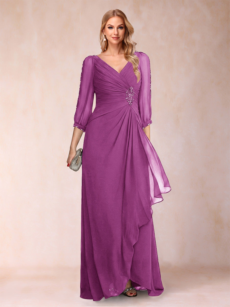 A-Line/Princess V-Neck 3/4 Sleeves Floor-Length Mother of the Bride Dresses with Ruched &amp; Beading