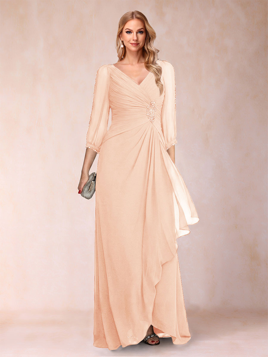 A-Line/Princess V-Neck 3/4 Sleeves Floor-Length Mother of the Bride Dresses with Ruched &amp; Beading