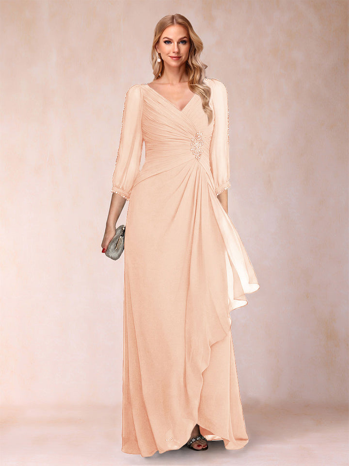 A-Line/Princess V-Neck 3/4 Sleeves Floor-Length Mother of the Bride Dresses with Ruched &amp; Beading