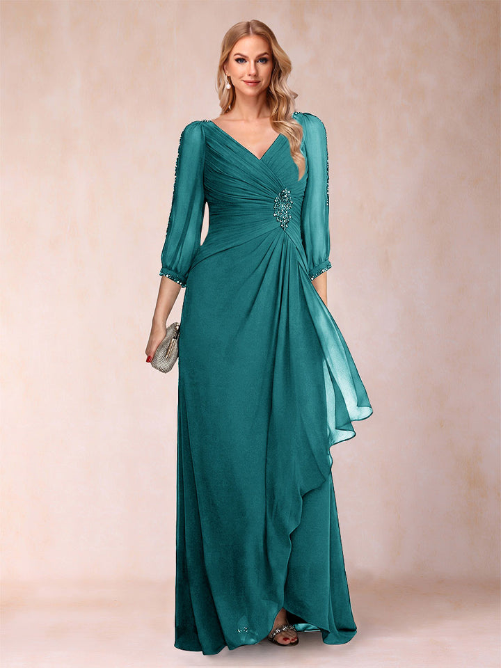 A-Line/Princess V-Neck 3/4 Sleeves Floor-Length Mother of the Bride Dresses with Ruched &amp; Beading