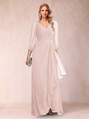 A-Line/Princess V-Neck 3/4 Sleeves Floor-Length Mother of the Bride Dresses with Ruched & Beading